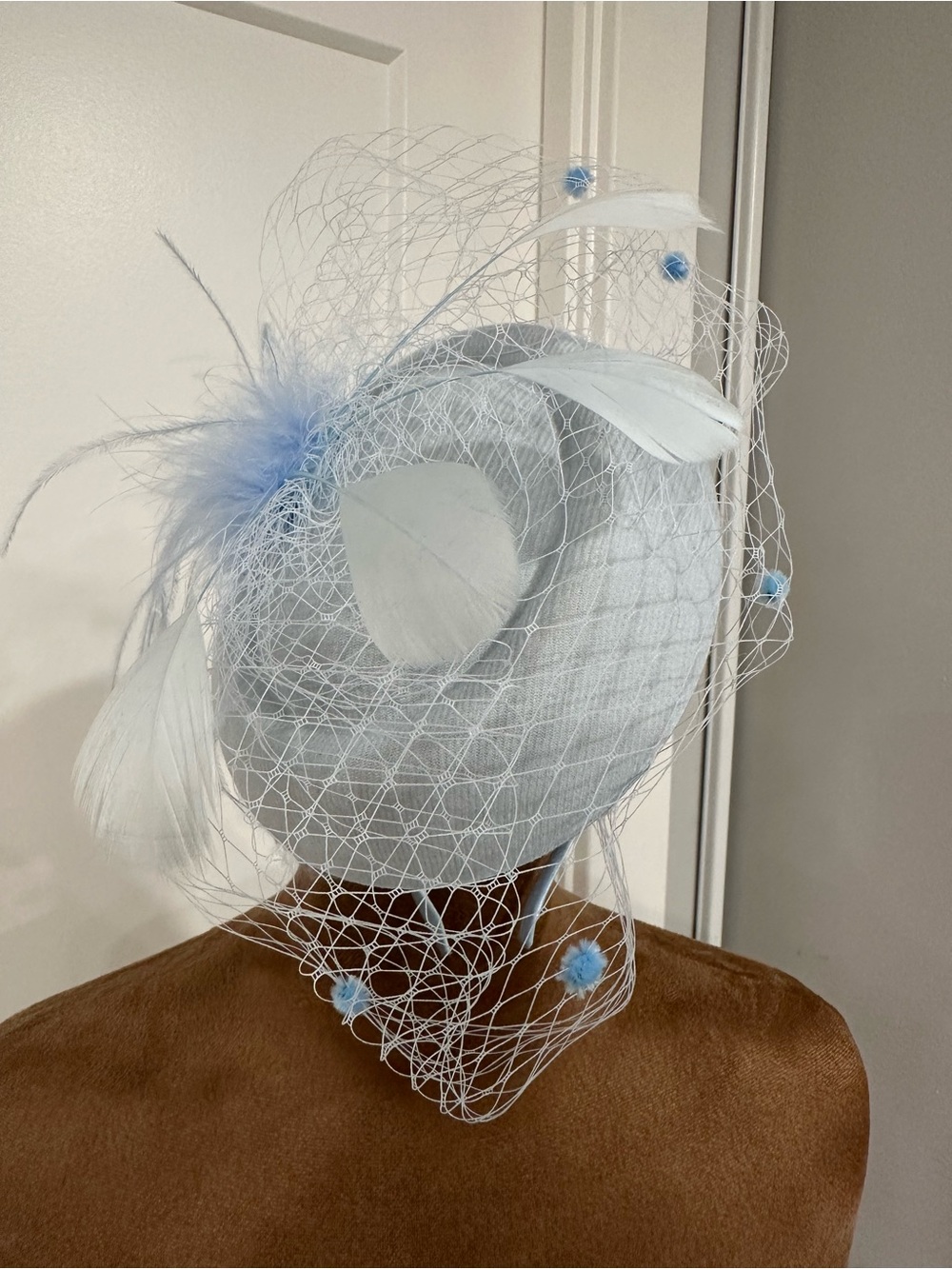 Light Blue Feathered Fascinator Hat with Veil